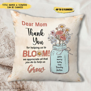 Flower Kids Jar, Dear Mom Grandma Thank You For Helping Us To Bloom -  Personalized Pillow