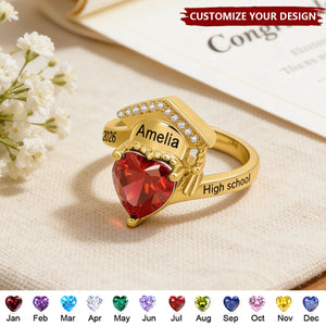 Personalized Zircon Grad Cap Heart Birthstone Ring - Graduation Gift For Graduates