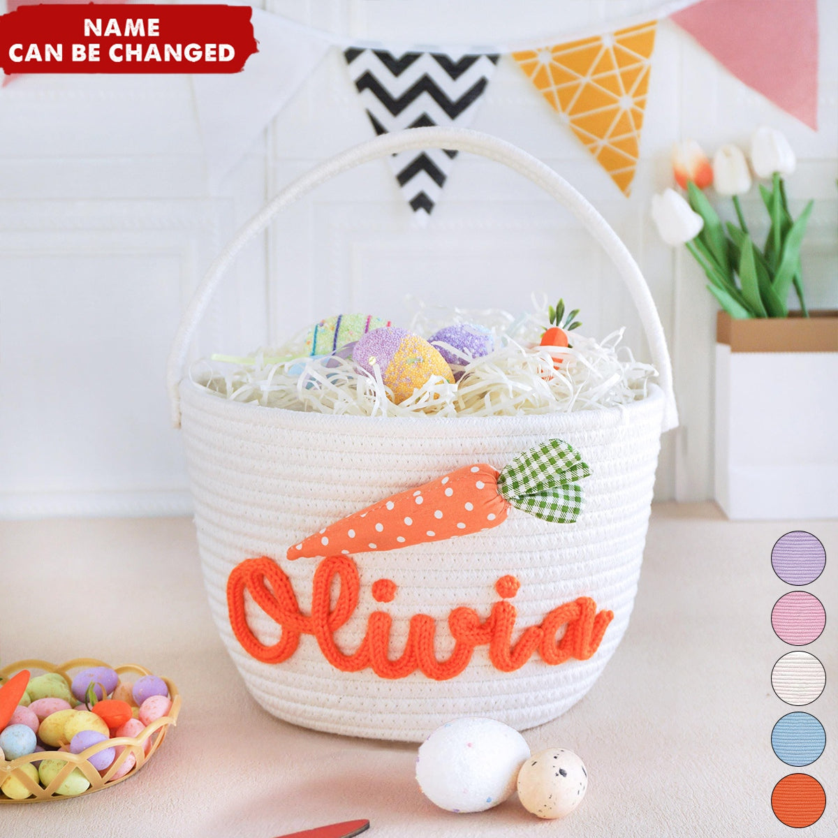 Custom Kids Name Personalized Bunny Carrot Woven Rope Easter Basket