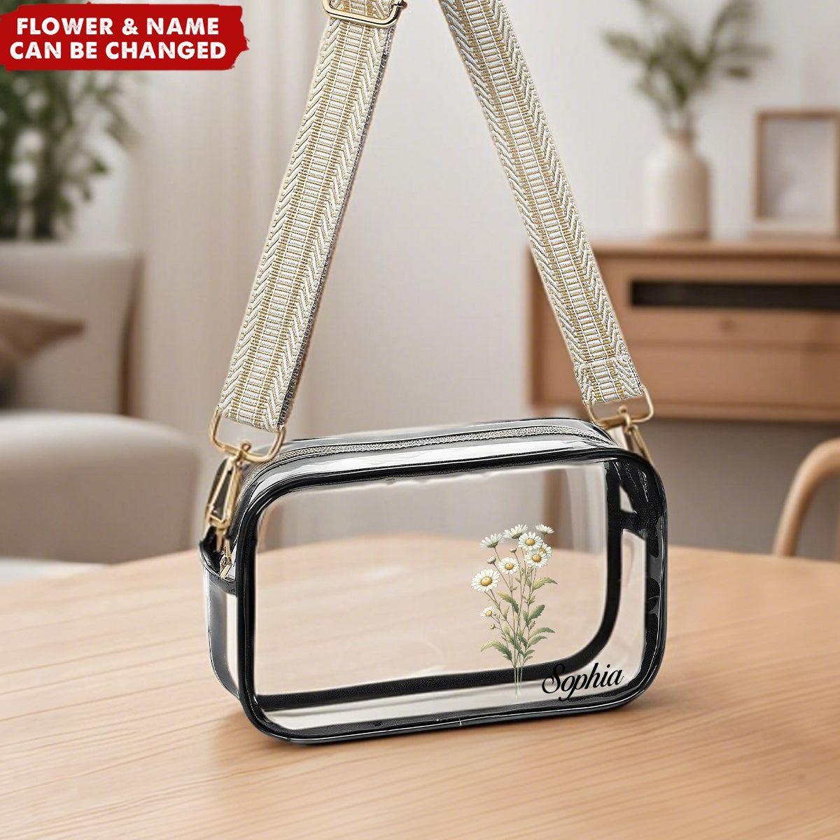 Personalized Birthday Flower Adjustable Strap Clear Stadium Crossbody Bag