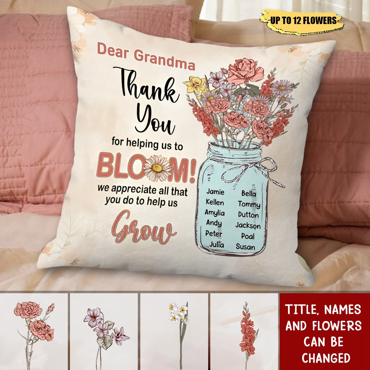 Flower Kids Jar, Dear Mom Grandma Thank You For Helping Us To Bloom -  Personalized Pillow