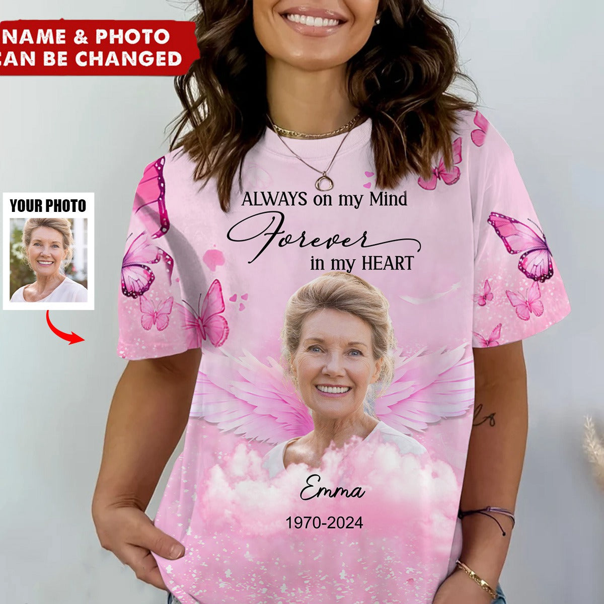 Memorial Pinky Butterfly Wings Upload Photo, A Big Piece Of My Heart Lives In Heaven Personalized 3D T-Shirt