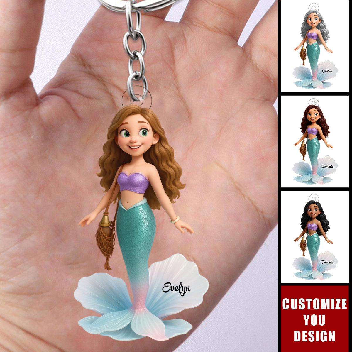 Pretty Cartoon Mermaid Personalized Acrylic Keychain, Gift For Her, Gift For Besties