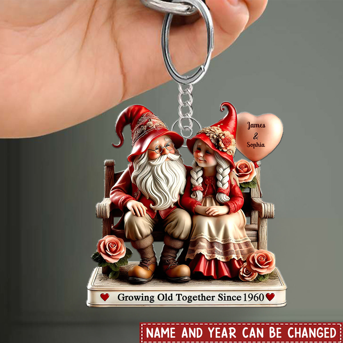 3D Effect Dwarf Old Couple Sitting On Bench Personalized Keychain, Valentine's Day Gift For Couple