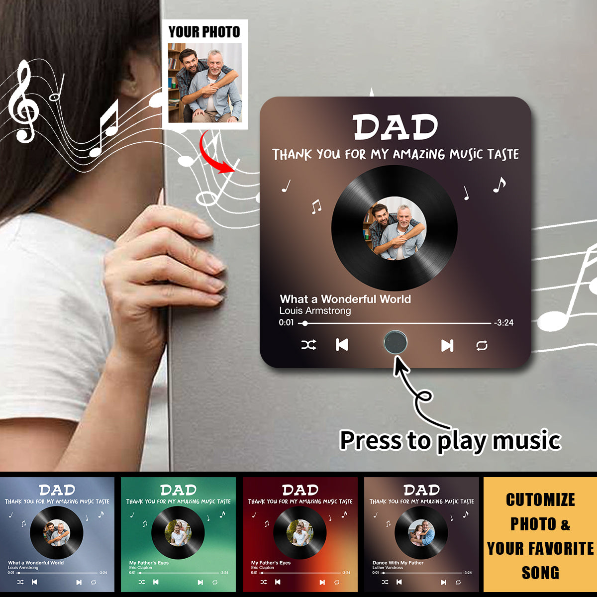 Dad Thank You For My Amazing Music Taste Upload Photo Favorite Song Personalized Music Fridge Magnet