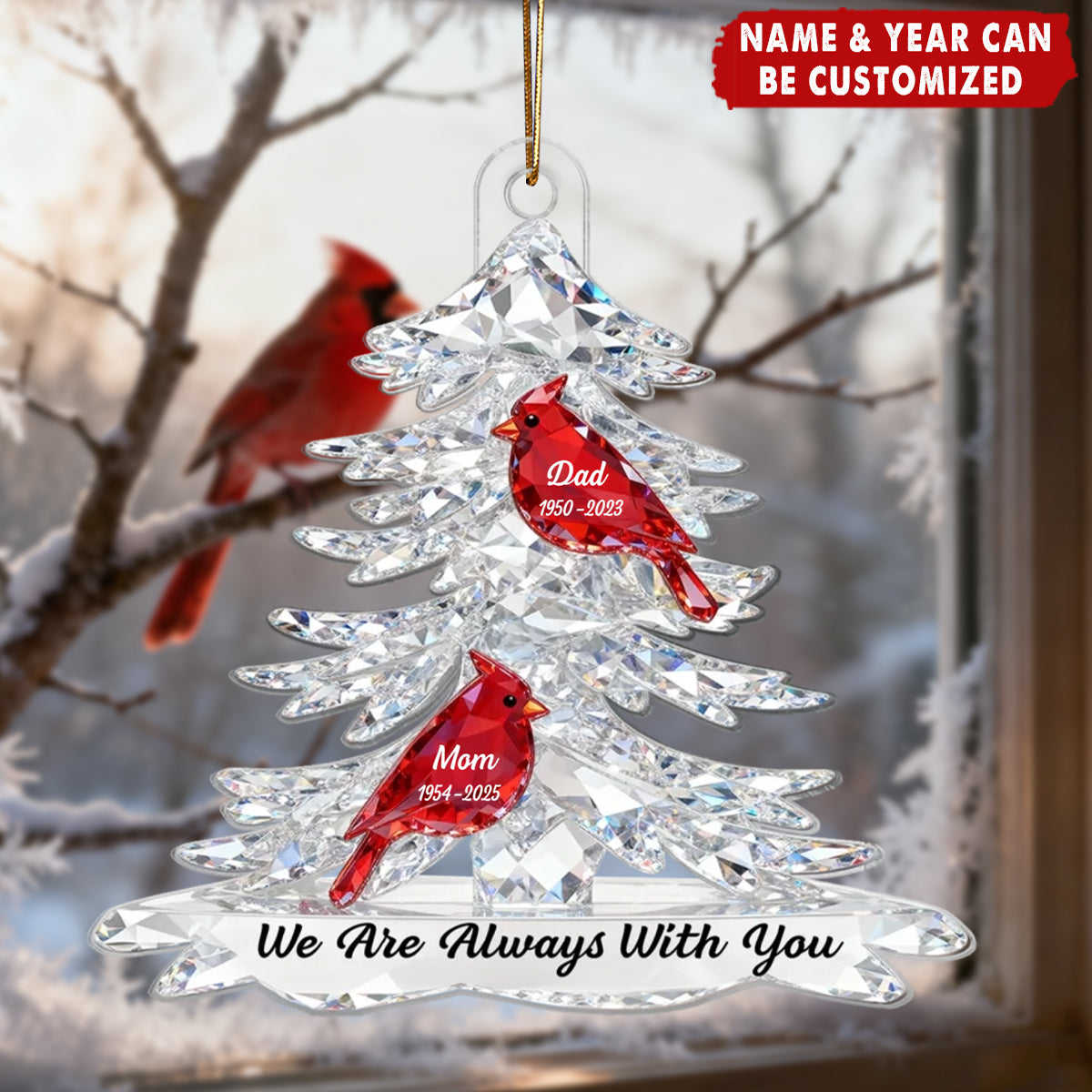 3D Crystal Effect Christmas Cardinals Memorial - Personalized Acrylic Ornament, Sympathy Gift For Whole Family