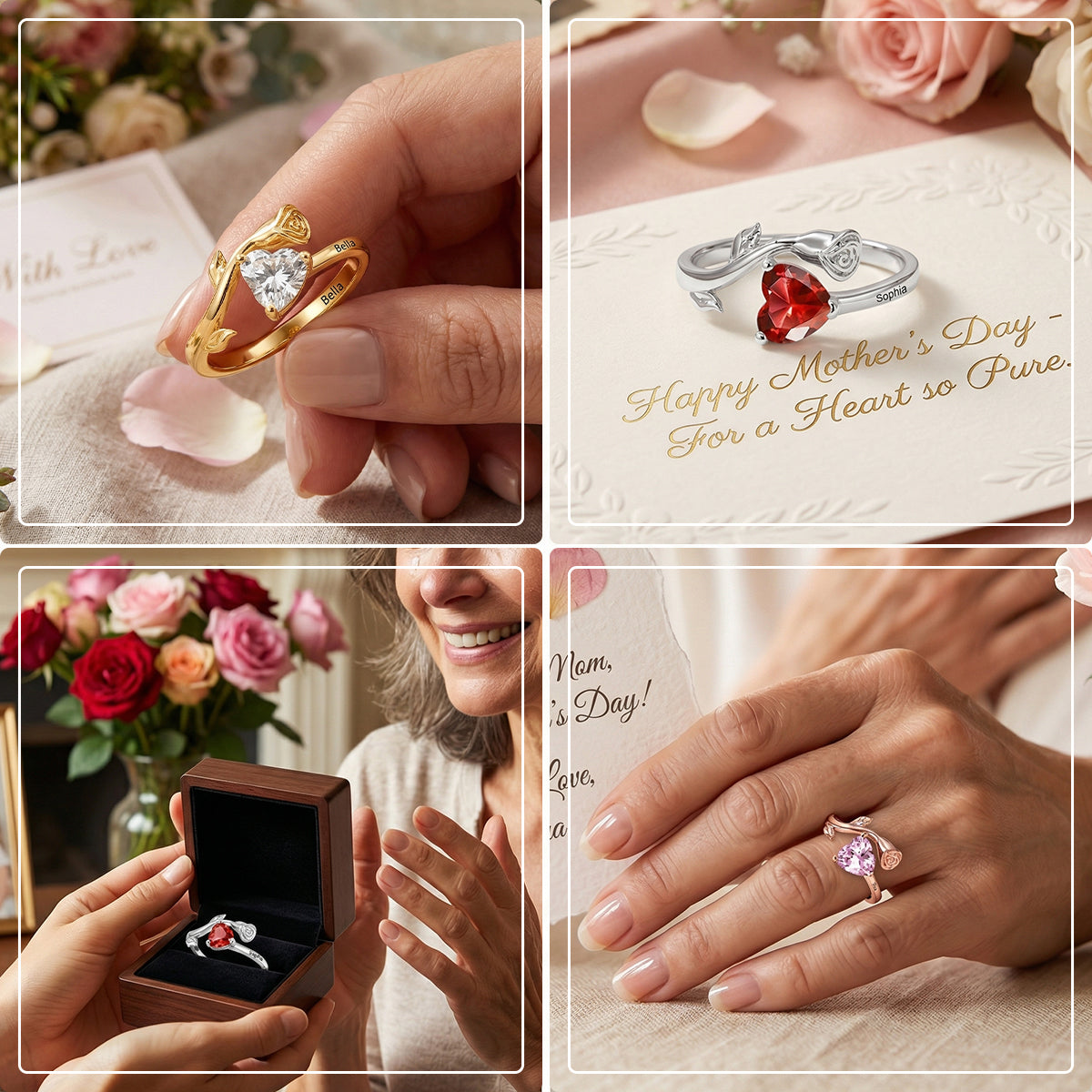 Personalized Birthstone Rose Heart Ring with Engraved Text Dainty Jewelry
