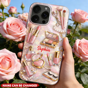 Personalized Makeup Phone Case - Custom Name, Pink Makeup Design