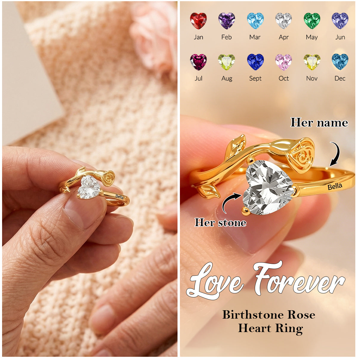Personalized Birthstone Rose Heart Ring with Engraved Text Dainty Jewelry