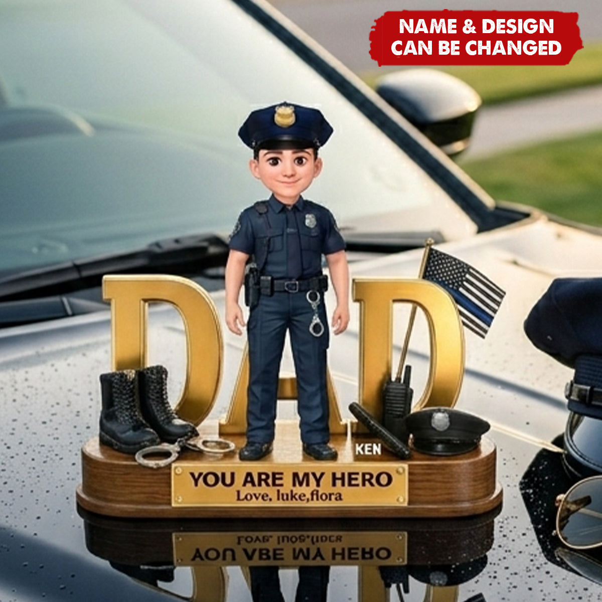 Proud American Police Dad You Are Our Hero Thin Blue Line 2D Flat - Personalized Acrylic Block Plaque - Father's Day Gift For Dad