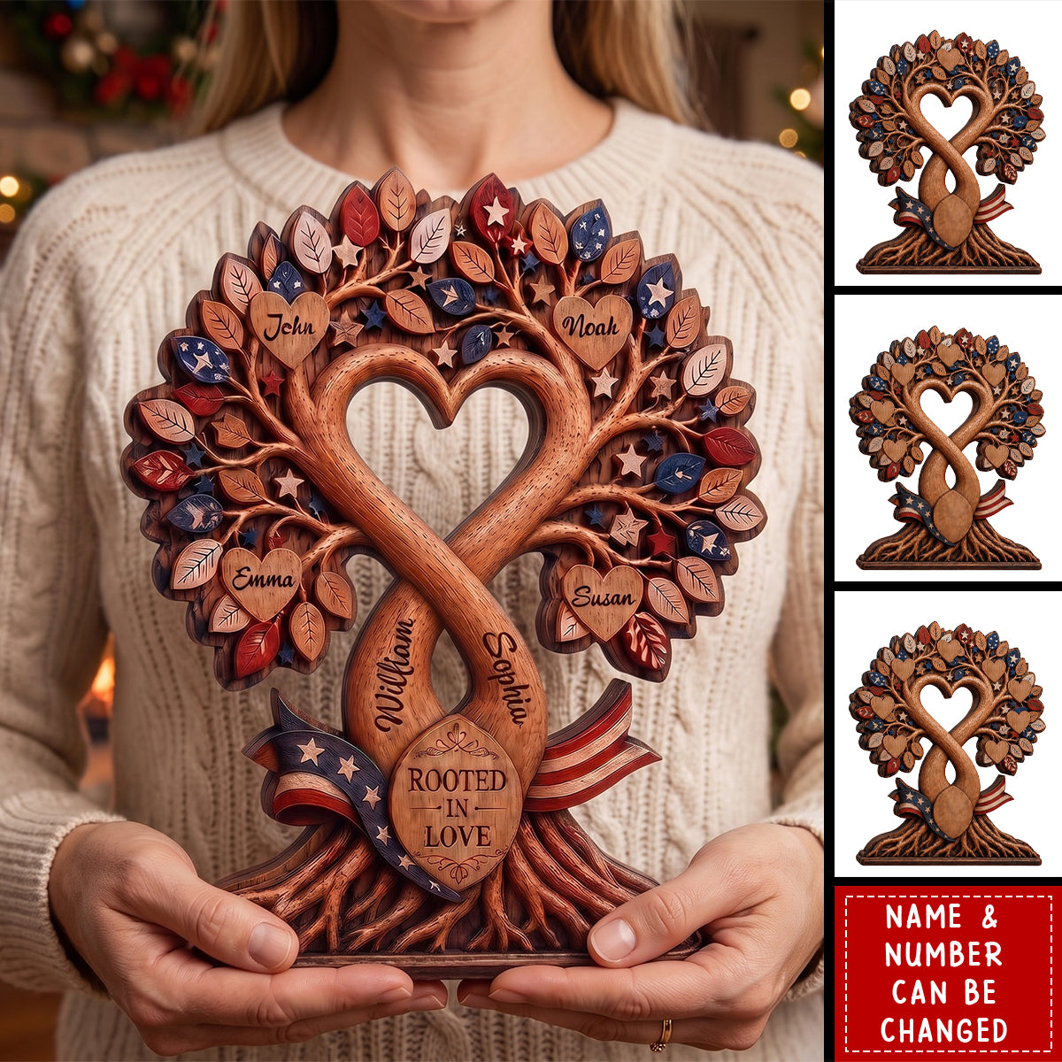"Rooted in Love" Personalized Family Tree Wood Block - Custom Name Keepsake Gift