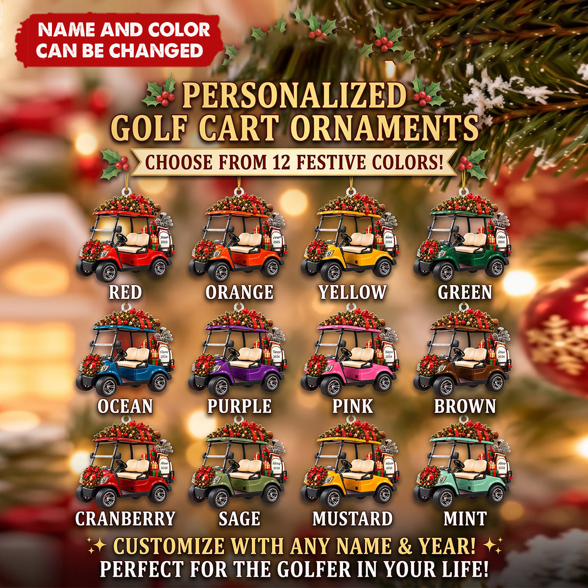 Personalized Golf Cart Christmas Ornament, Gift For Golf Lovers, Golfer Dad, Husband & Grandpa