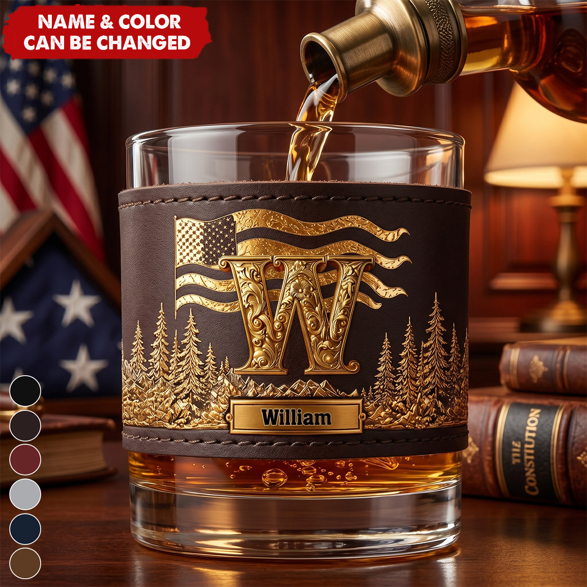 Initial Custom For Whiskey Lovers - Personalized Whiskey Glass With Leather Holder