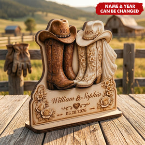 Cowboy Wedding Gift, Custom Names and Date Bridal Boots Plaque, Mr and Mrs Western Wedding Wooden Plaque
