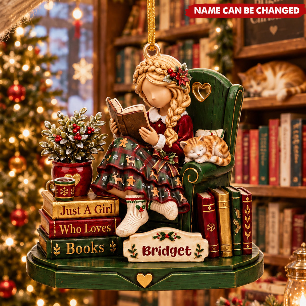 Personalized Christmas Ornament Featuring A Girl Reading A Book
