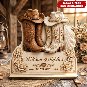 Cowboy Wedding Gift, Custom Names and Date Bridal Boots Plaque, Mr and Mrs Western Wedding Wooden Plaque