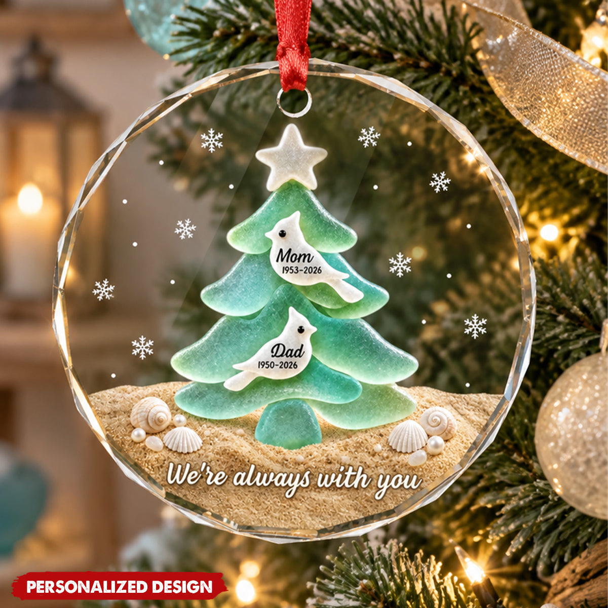 Personalized Memorial Sea Glass Tree Crystal Ornament - Custom Name & Date Remembrance