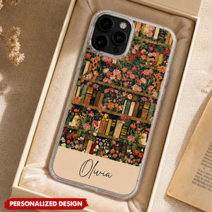Personalized Floral Bookshelf Phone Case - Custom Name Book Lover Phone Cover
