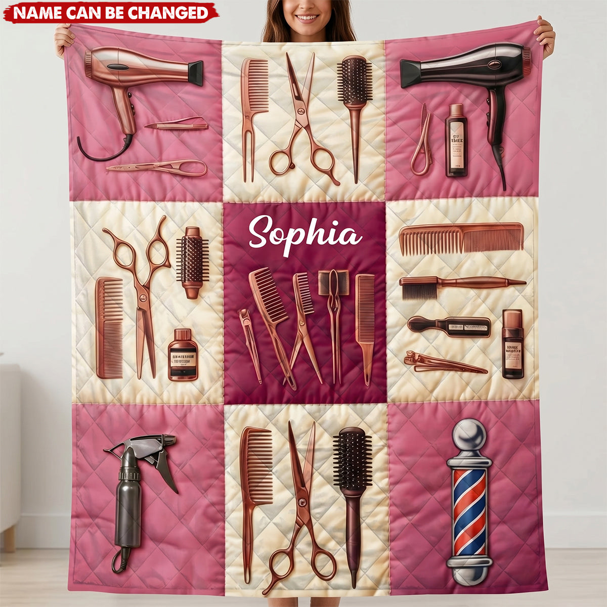 Personalized Hair Stylist Quilt Blanket, Barber Tools Quilt, Custom Name Salon Blanket