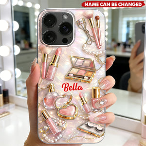 Personalized Makeup Phone Case - Custom Name, Pink Makeup Design