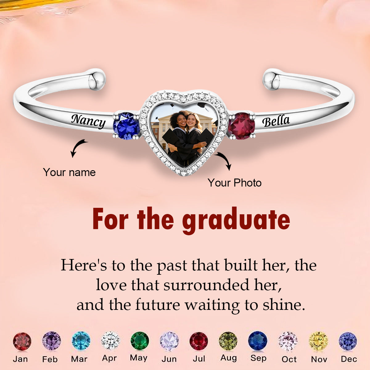 Customized Birthstone & Graduation Photo Heart Bracelet - Personalized Birthstones, Photo and Names