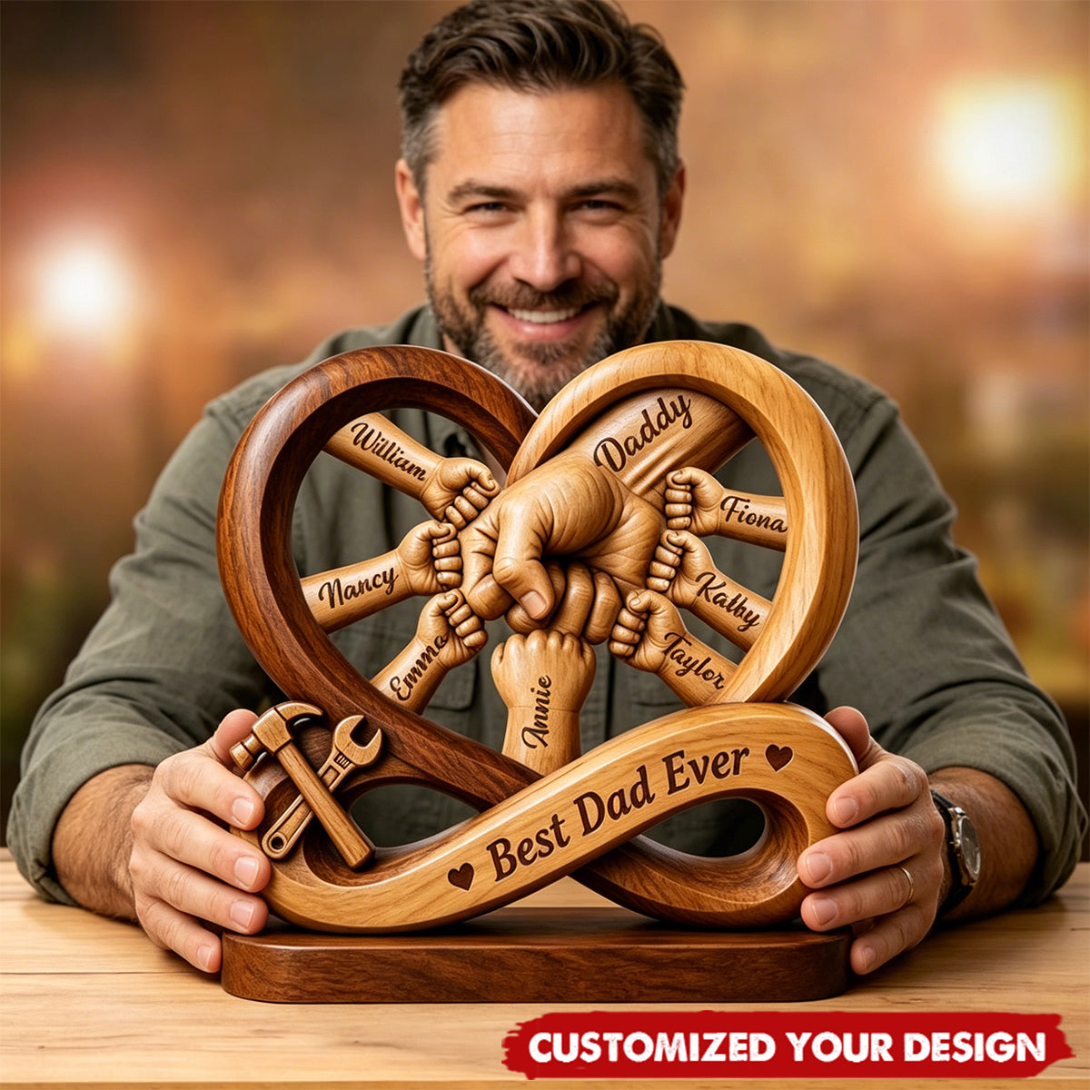 Personalized Dad Kids Hands Wooden Plaque, Father’s Day Gift, Infinity Design Sign