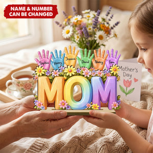 Personalized 2-Layer Wooden Plaque for Mom with Kids' Handprints and Names