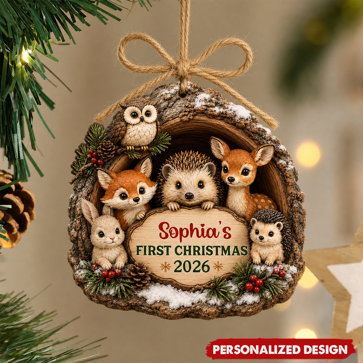 Baby First Christmas Woodland Animal - Personalized Wooden Ornament