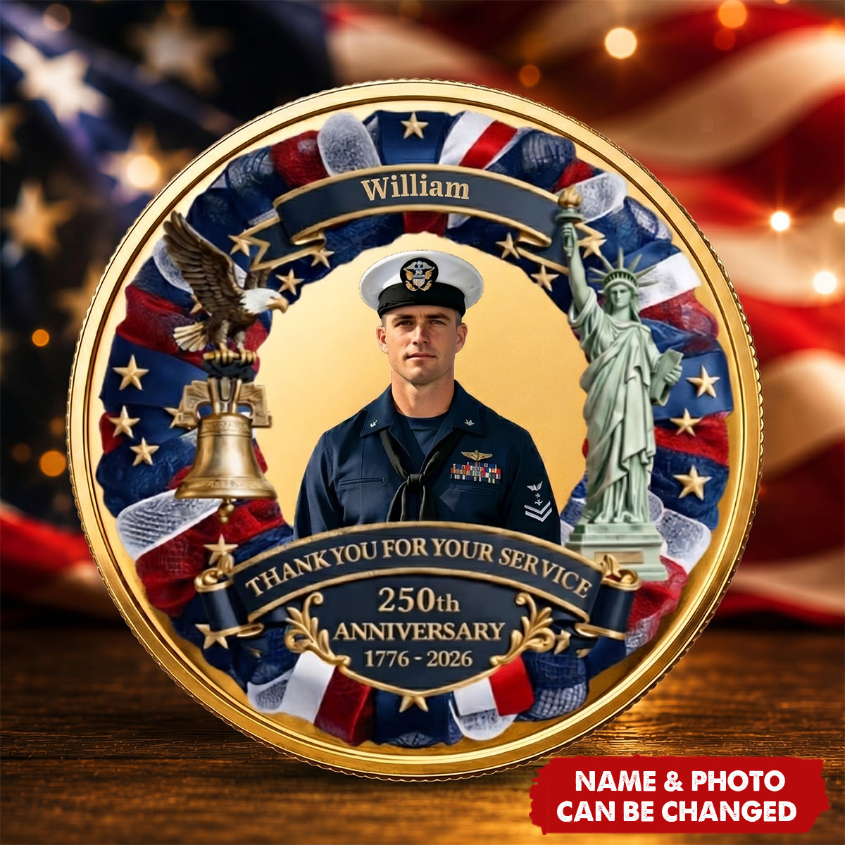 Thank You for Your Service Coin with Picture - Custom America 250 Gifts for 4th of July