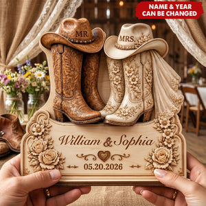 Cowboy Wedding Gift, Custom Names and Date Bridal Boots Plaque, Mr and Mrs Western Wedding Wooden Plaque