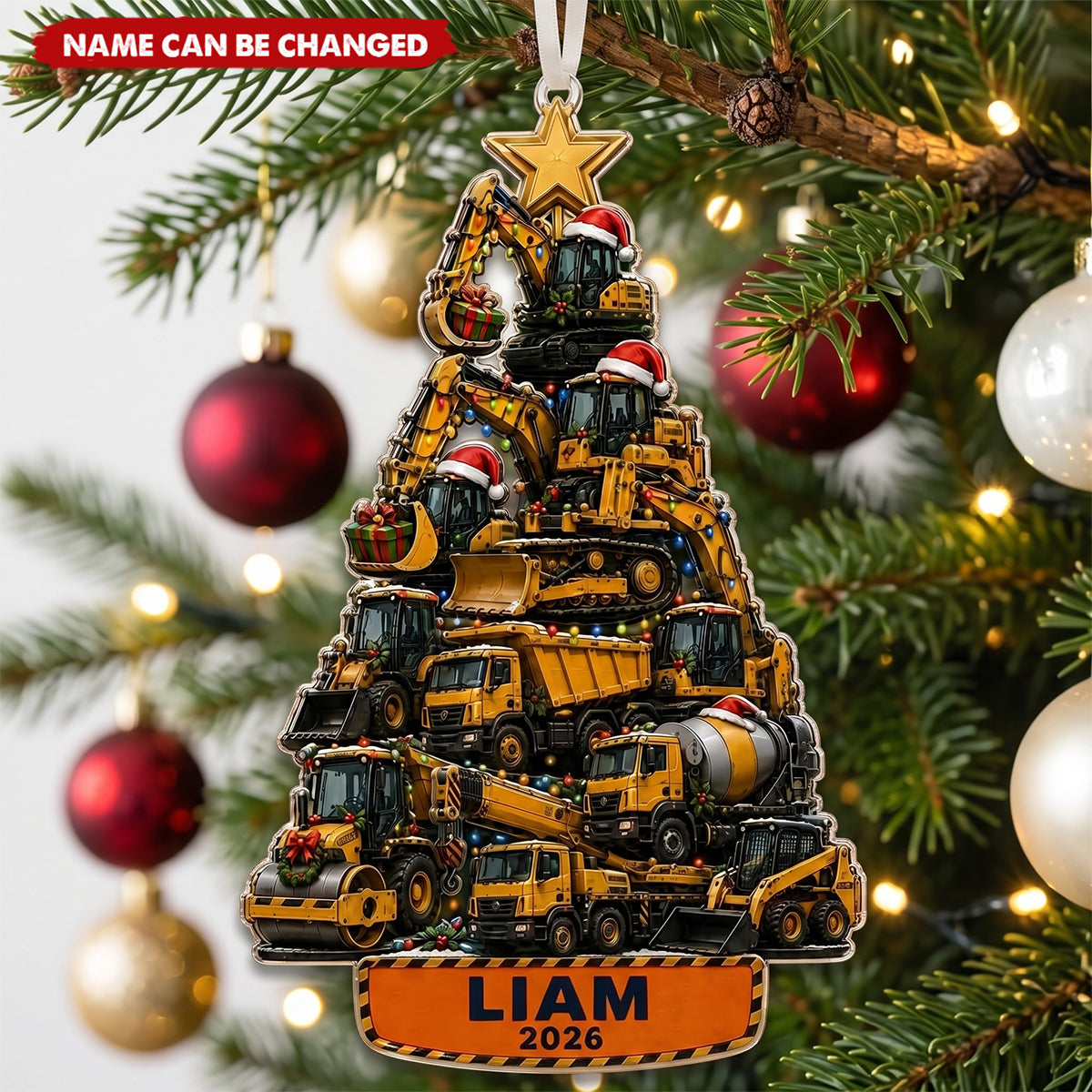 Personalized Construction Vehicle Christmas Ornament, Custom Name Acrylic Ornament