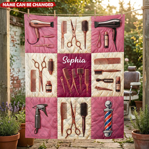 Personalized Hair Stylist Quilt Blanket, Barber Tools Quilt, Custom Name Salon Blanket