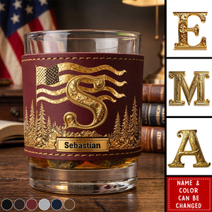 Initial Custom For Whiskey Lovers - Personalized Whiskey Glass With Leather Holder