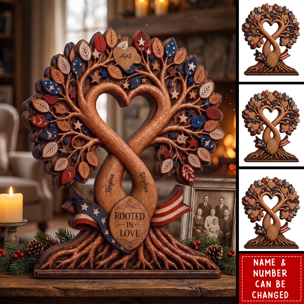 "Rooted in Love" Personalized Family Tree Wood Block - Custom Name Keepsake Gift