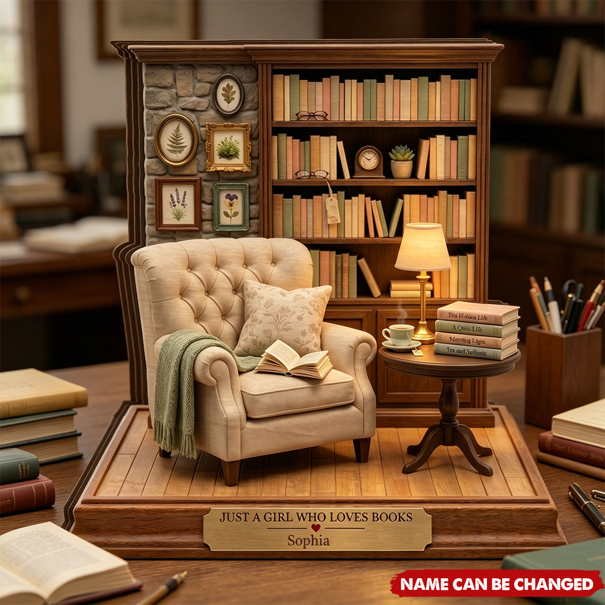 Personalized Reading Room Diorama, Mini Library Scene Wooden 4-Layer Block