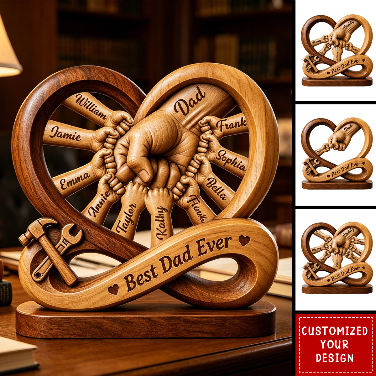 Personalized Dad Kids Hands Wooden Plaque, Father’s Day Gift, Infinity Design Sign