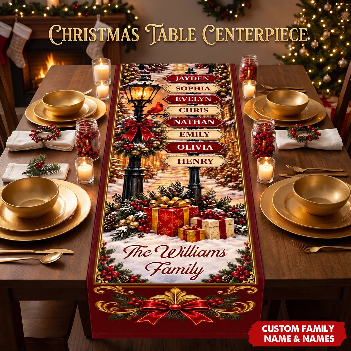 Custom Name Christmas Village Family Decor - Personalized Table Runner