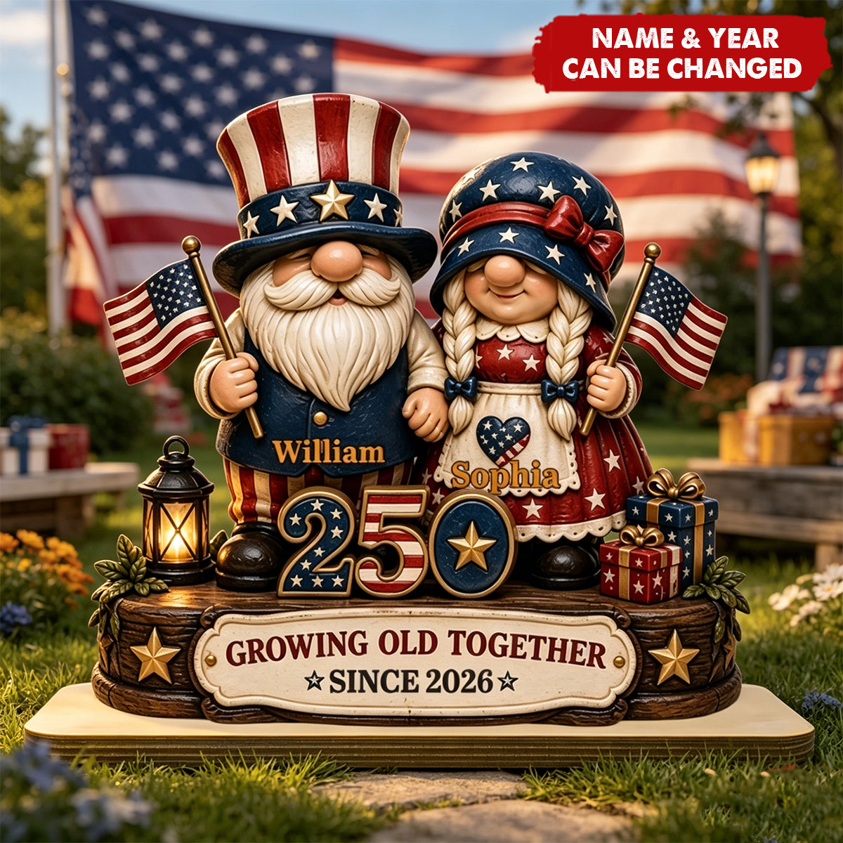 250th Anniversary Dwarf Couple Wooden Plaque - Personalized Gifts For Patriotics Plaque