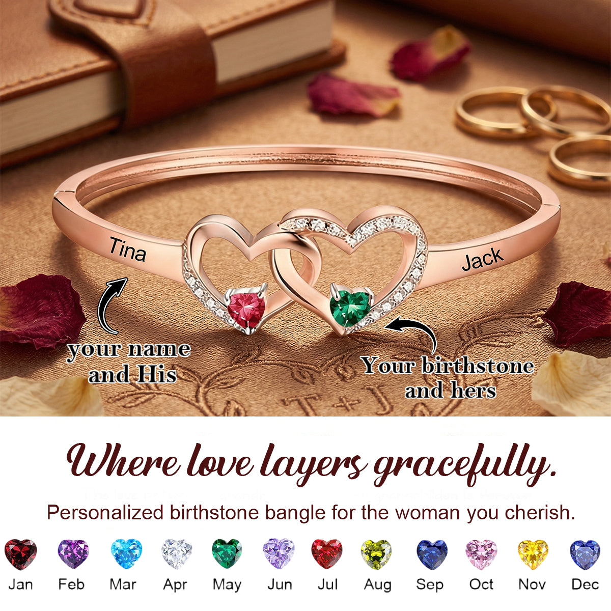 Personalized Double Heart Birthstone Bangle for Women, Custom Name Engraved