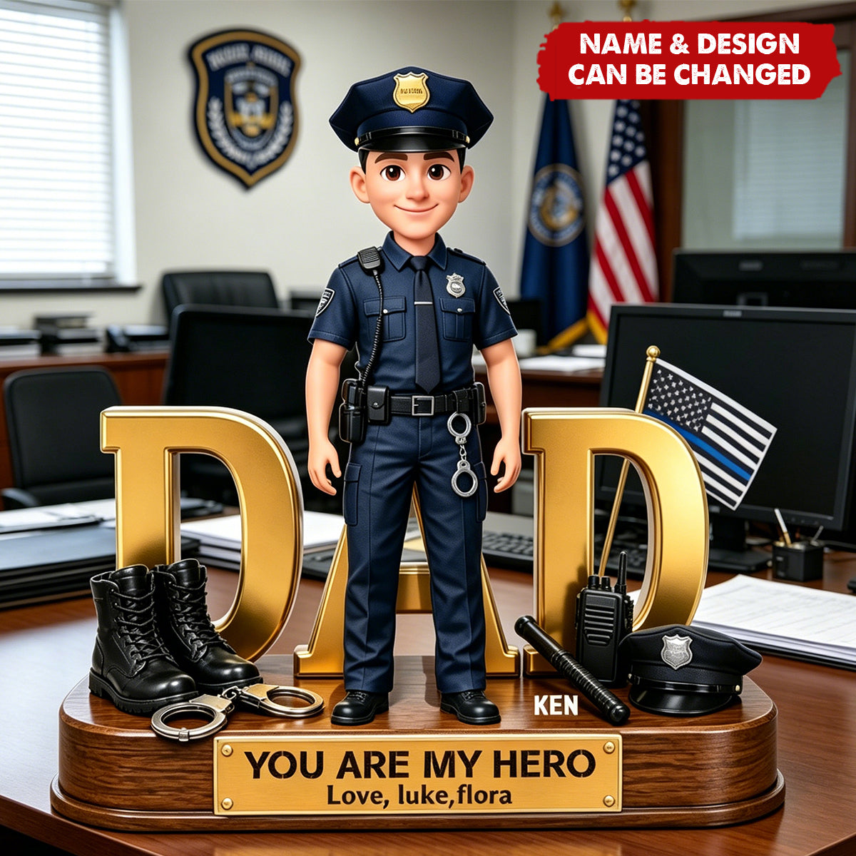Proud American Police Dad You Are Our Hero Thin Blue Line 2D Flat - Personalized Acrylic Block Plaque - Father's Day Gift For Dad
