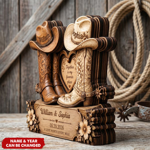 Personalized Cowboy Boots Wooden Block, Custom Couple Names, Rustic Western Decor, Anniversary Keepsake
