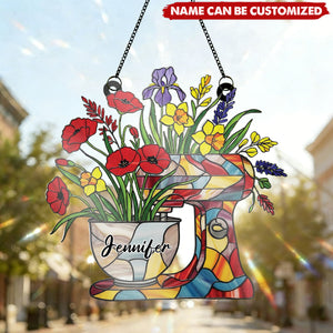 Floral Dough Mixer - Personalized Window Hanging Suncatcher Ornament, Gift For Baking Lover