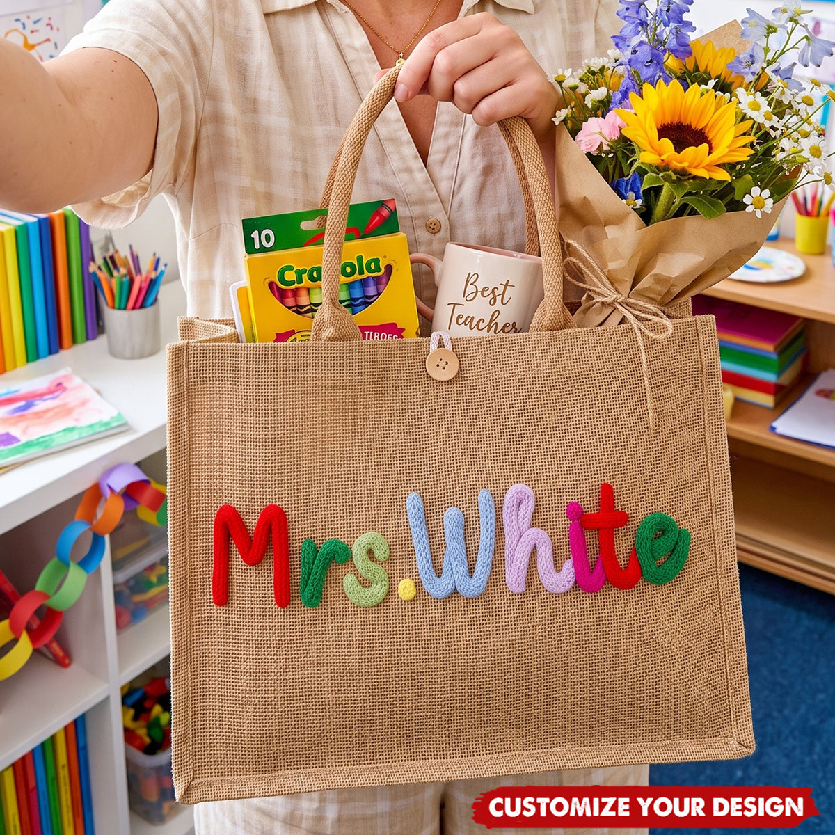 Personalized Burlap Teacher Tote Bag, Back to School Teacher Appreciation Gift