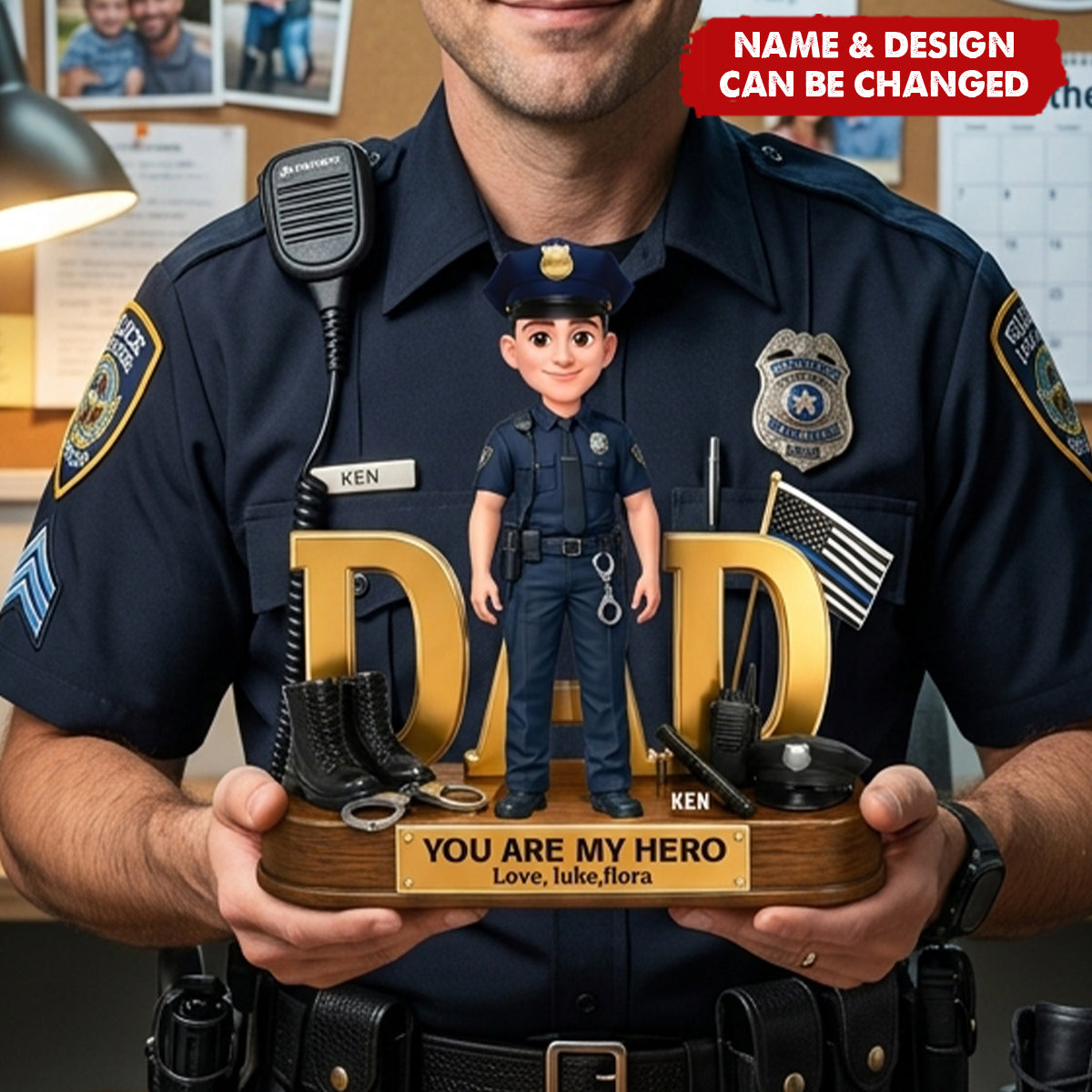 Proud American Police Dad You Are Our Hero Thin Blue Line 2D Flat - Personalized Acrylic Block Plaque - Father's Day Gift For Dad