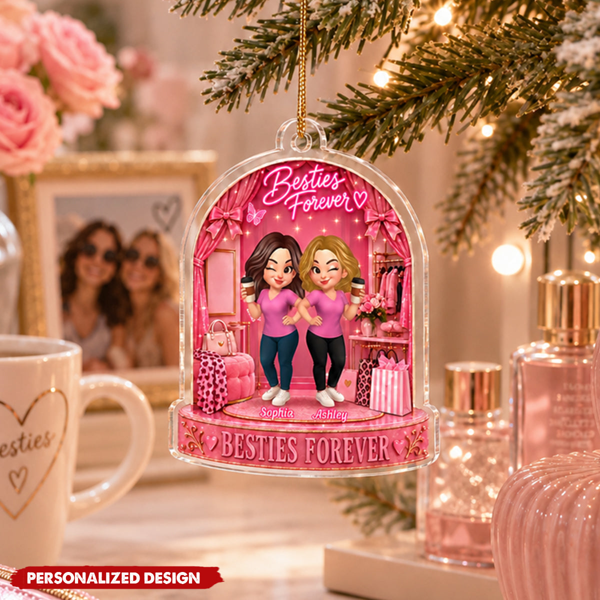 Personalized Besties Forever Acrylic Ornament - Pink Fashion Besties Ornament
