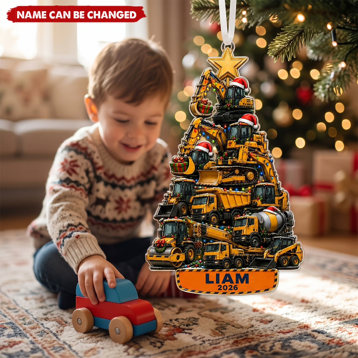Personalized Construction Vehicle Christmas Ornament, Custom Name Acrylic Ornament
