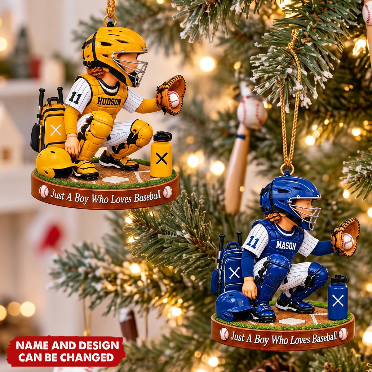 Personalized Baseball Catcher Boy Acrylic Christmas Ornament, Boy Catching Pose