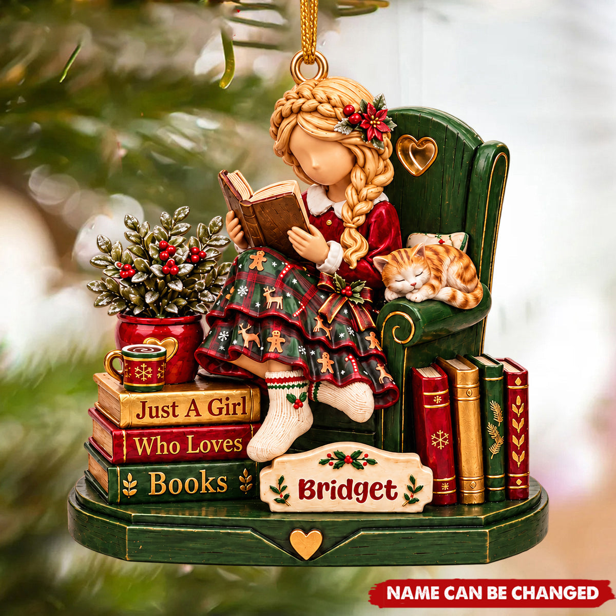 Personalized Christmas Ornament Featuring A Girl Reading A Book