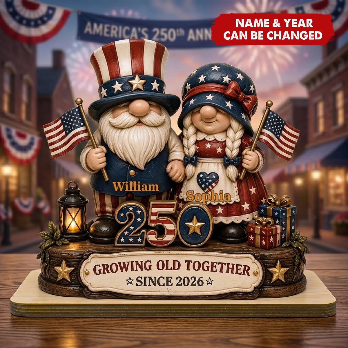 250th Anniversary Dwarf Couple Wooden Plaque - Personalized Gifts For Patriotics Plaque