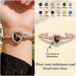 Customized Birthstone & Graduation Photo Heart Bracelet - Personalized Birthstones, Photo and Names